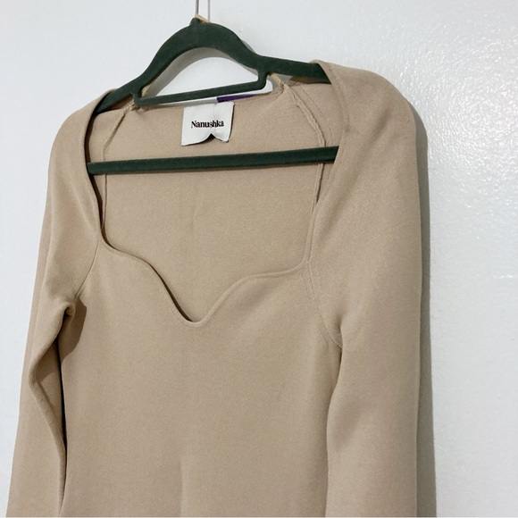 Nanushka Marina Beige Rib Knit Sweetheart Neck Long Sleeve Mini Dress Size M - Picture 6 of 14